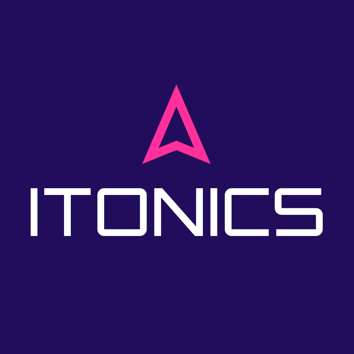 Auto-generated description: The logo features the word ITONICS in white capital letters with a stylized pink upward-pointing arrow above it, set against a dark blue background.