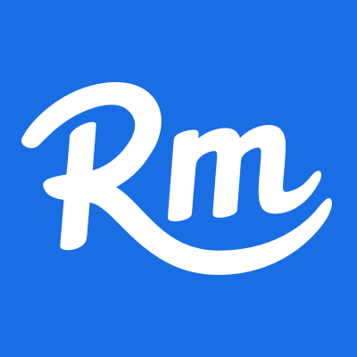 Auto-generated description: A white cursive-style Rm logo is displayed on a blue background.