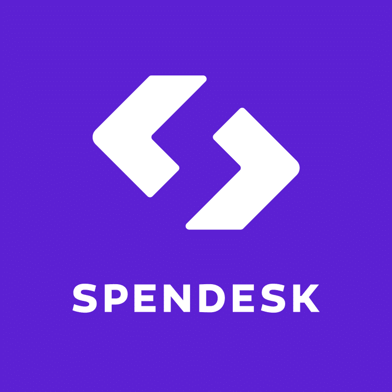 Auto-generated description: A white angular logo resembling two opposing arrows above the word SPENDESK is set against a purple background.